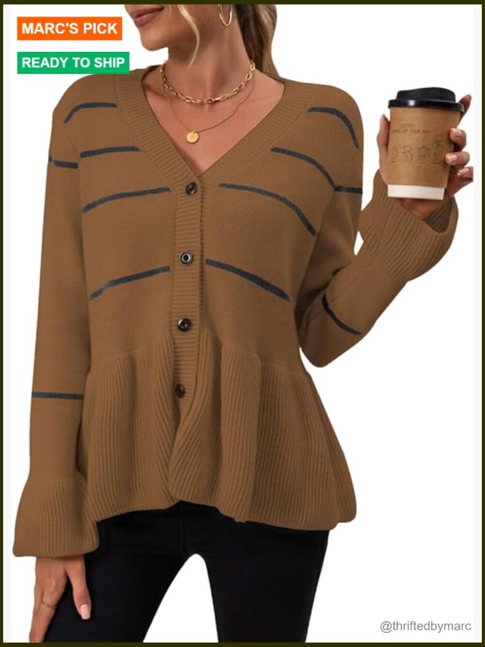 Striped Long Sleeve Button Down Cropped Knit Cardigan with Flared Hem